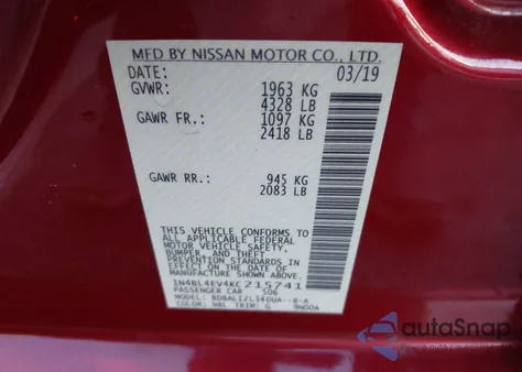 2019 Nissan Altima 2.5 Sl z USA, uszkodzony, nr VIN 1N4BL4EV4KC215741